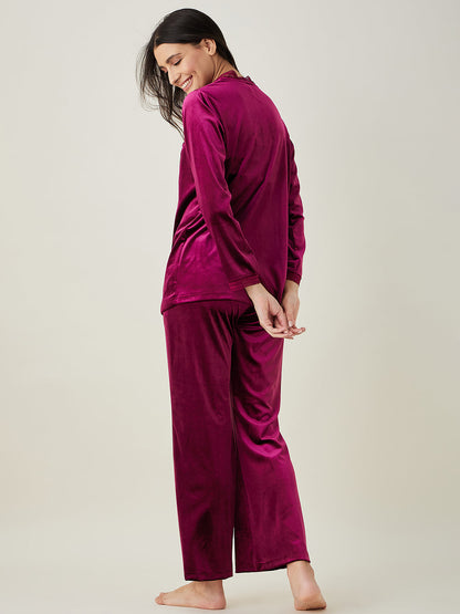 Women's Wine Button Down Velvet Lounge Set