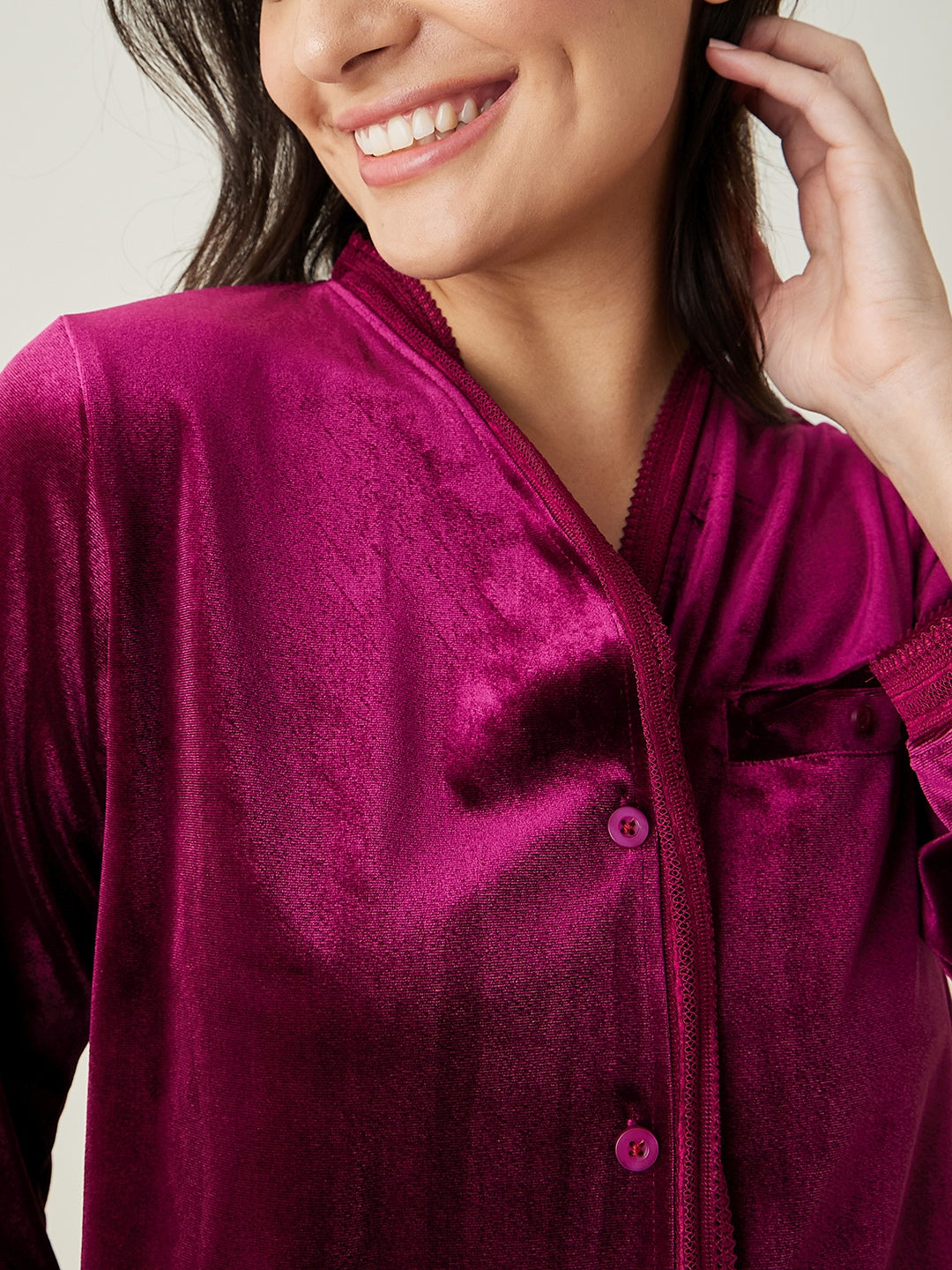 Women's Wine Button Down Velvet Lounge Set