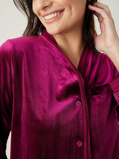 Women's Wine Button Down Velvet Lounge Set