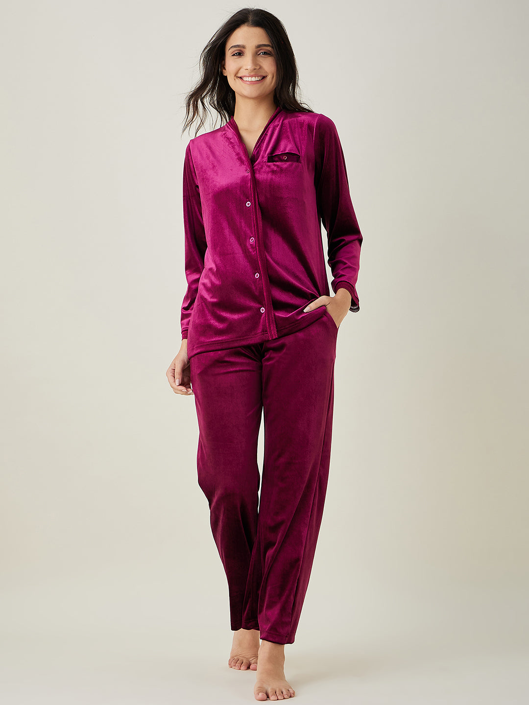 Women's Wine Button Down Velvet Lounge Set