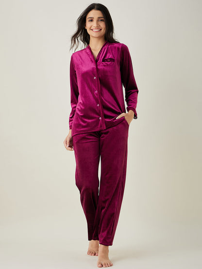 Women's Wine Button Down Velvet Lounge Set