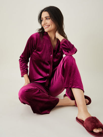 Women's Wine Button Down Velvet Lounge Set