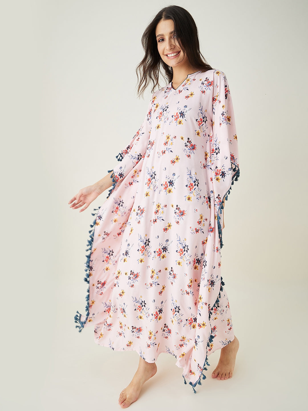 Women's Beige Floral Printed Kaftan
