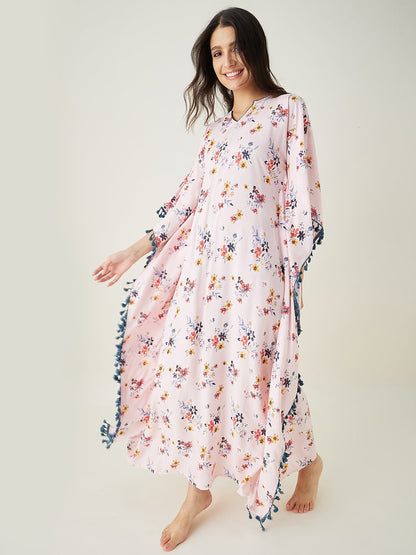 Women's Beige Floral Printed Kaftan