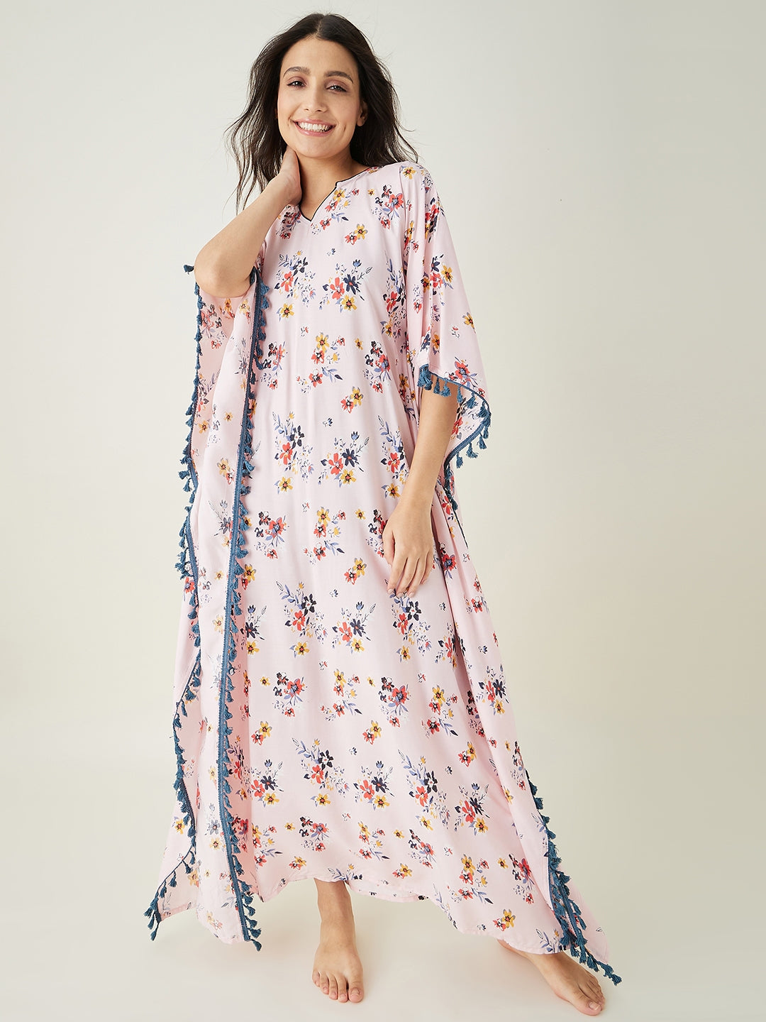 Women's Beige Floral Printed Kaftan
