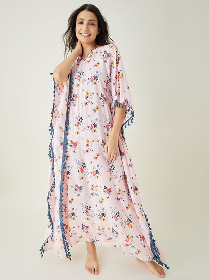 Women's Beige Floral Printed Kaftan