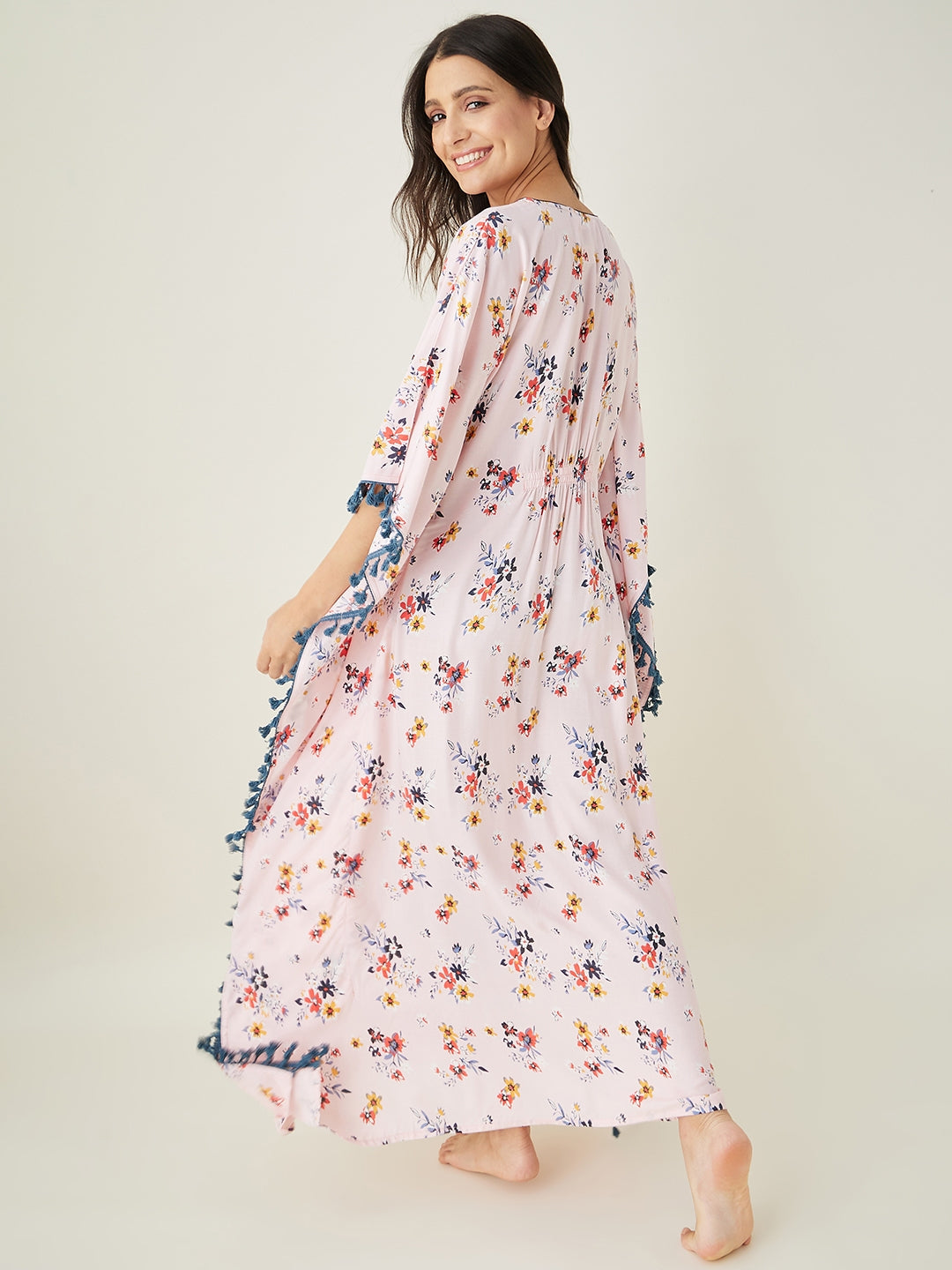 Women's Beige Floral Printed Kaftan