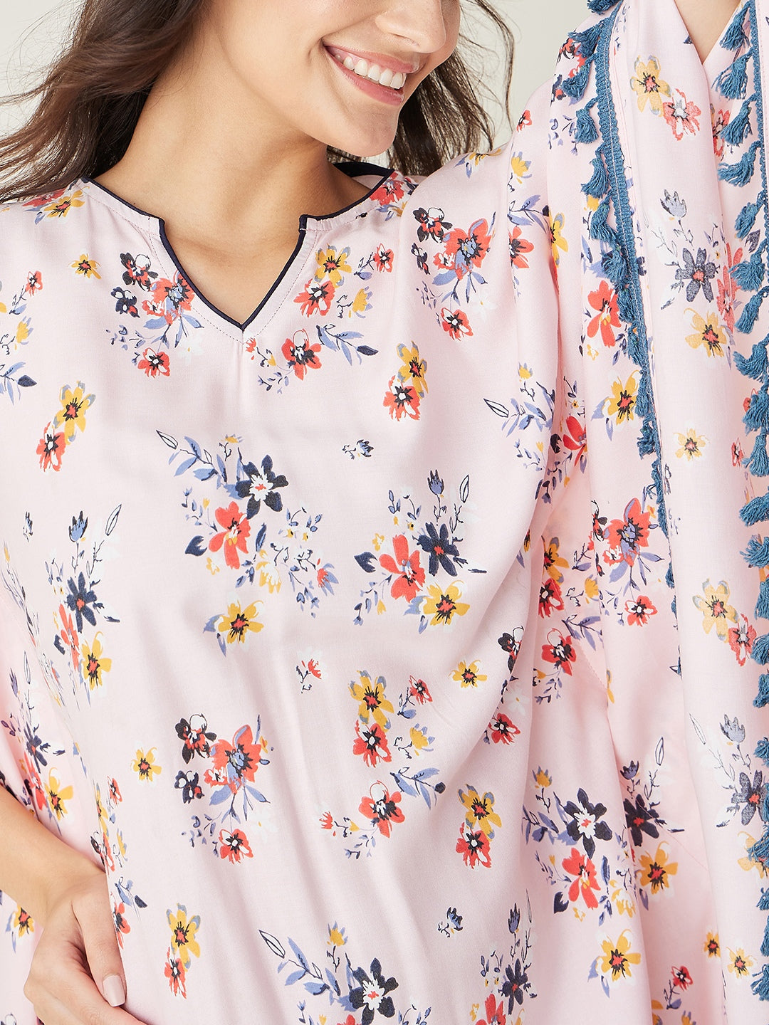 Women's Beige Floral Printed Kaftan