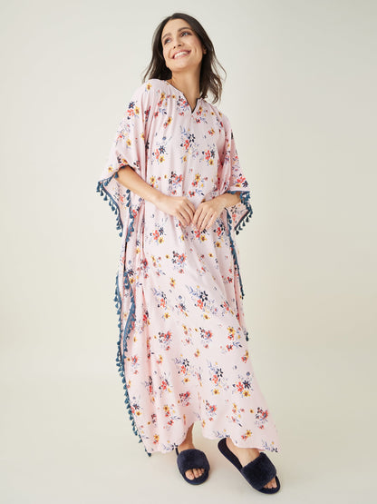 Women's Beige Floral Printed Kaftan