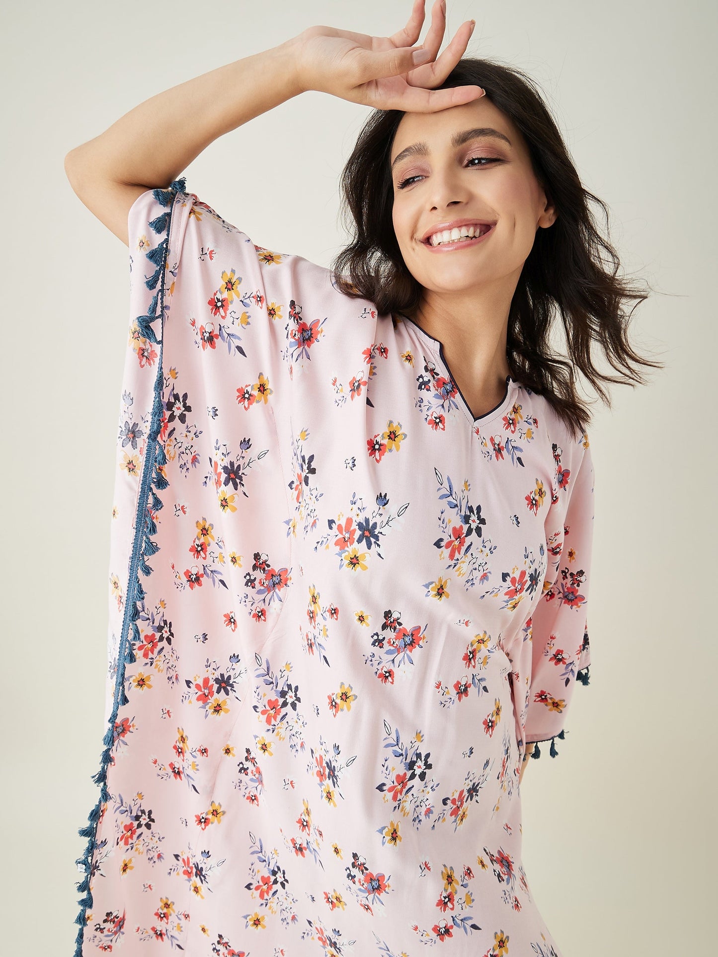Women's Beige Floral Printed Kaftan