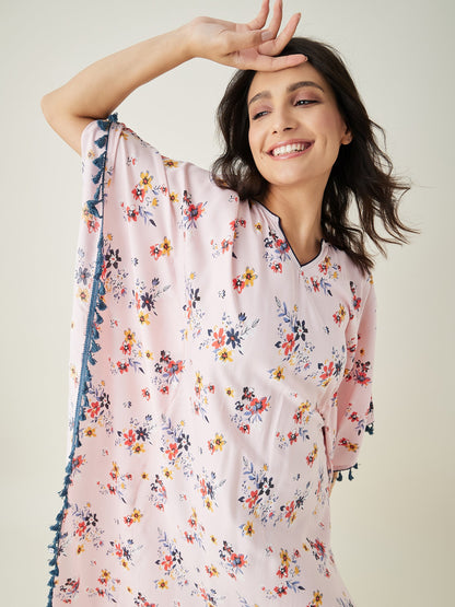 Women's Beige Floral Printed Kaftan