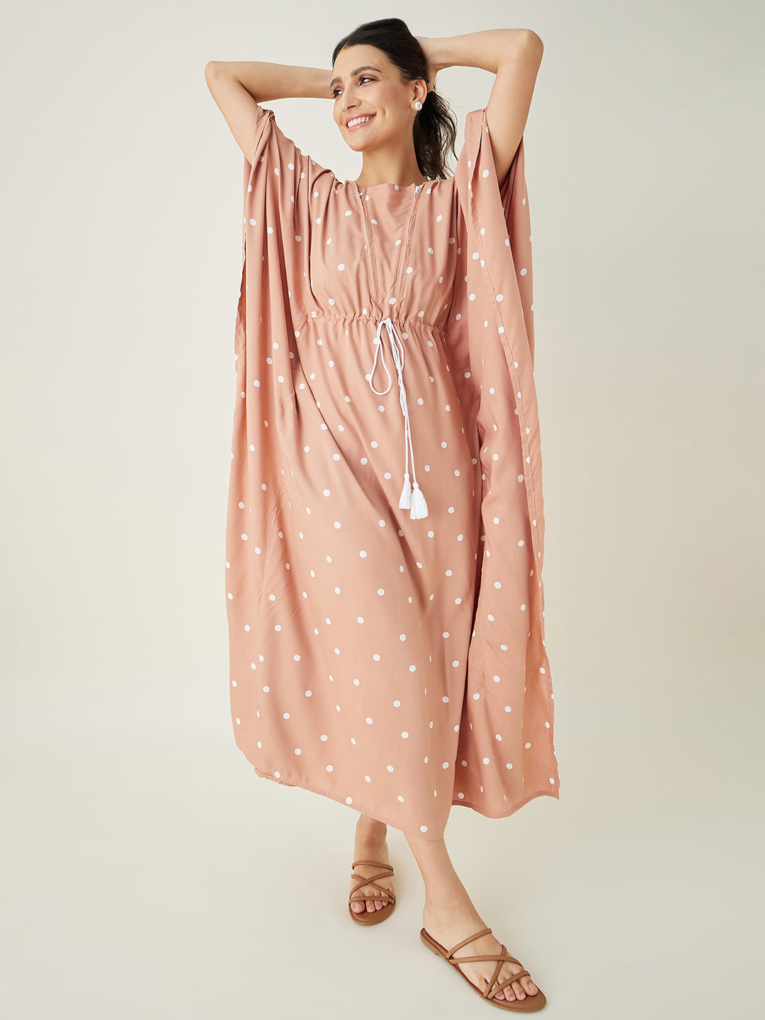 Women's Beige Dotted Delight Maternity Nursing Dress