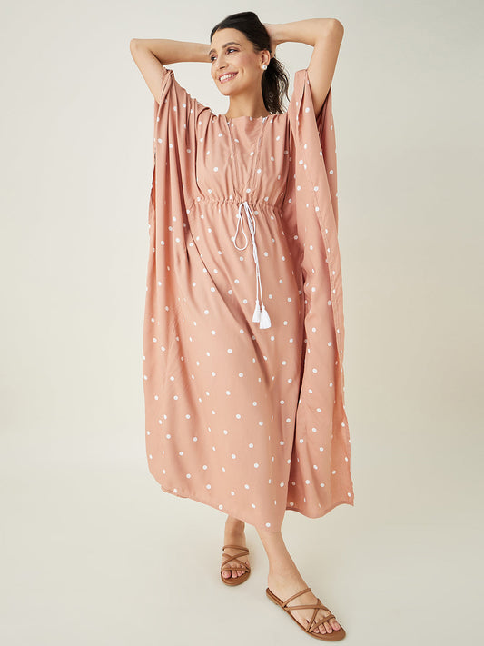 Women's Beige Dotted Delight Maternity Nursing Dress
