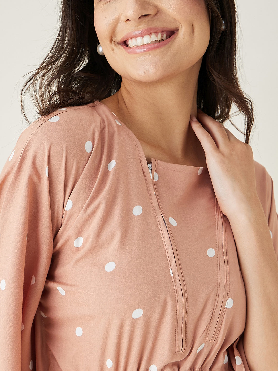 Women's Beige Dotted Delight Maternity Nursing Dress