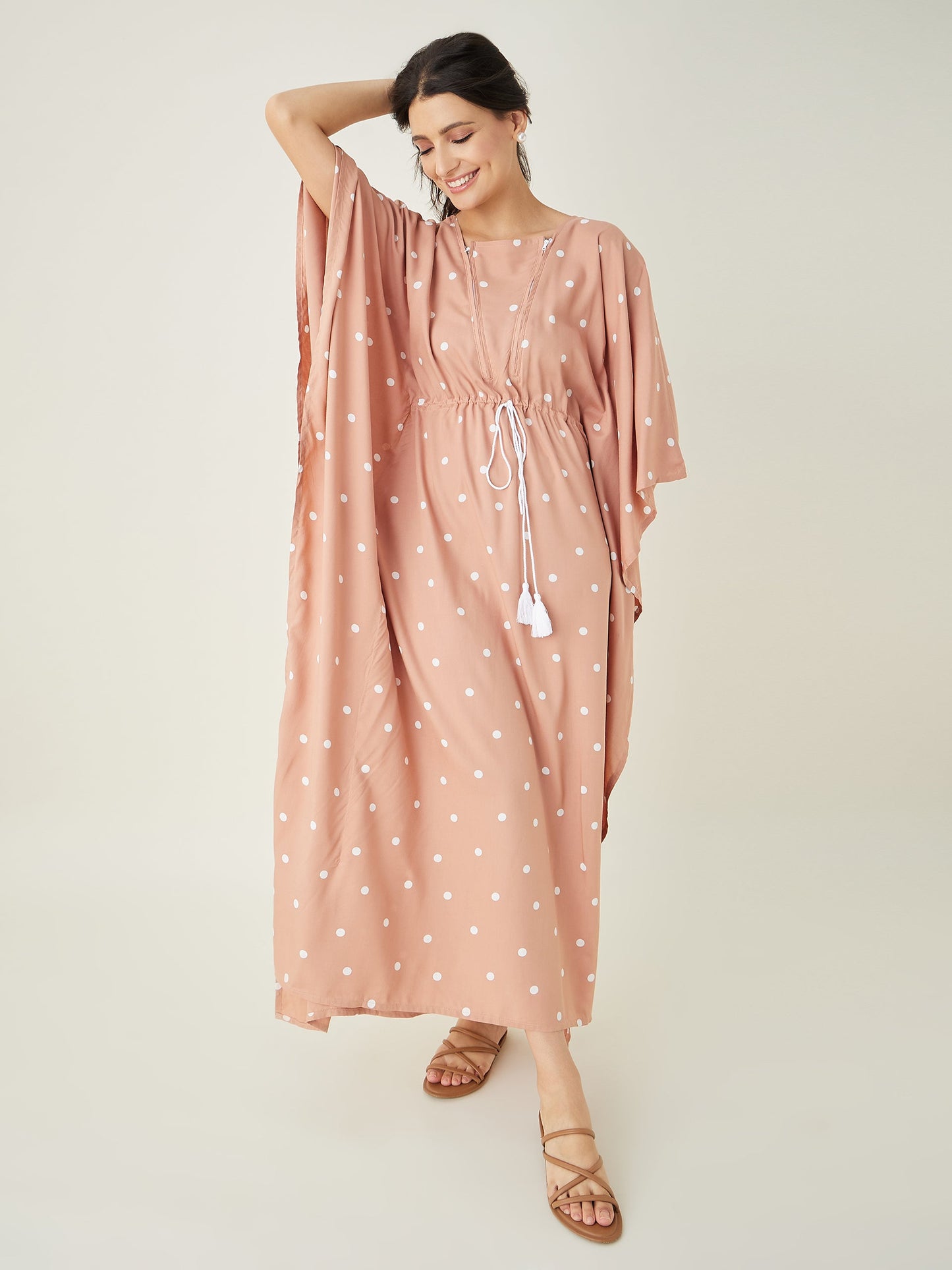 Women's Beige Dotted Delight Maternity Nursing Dress