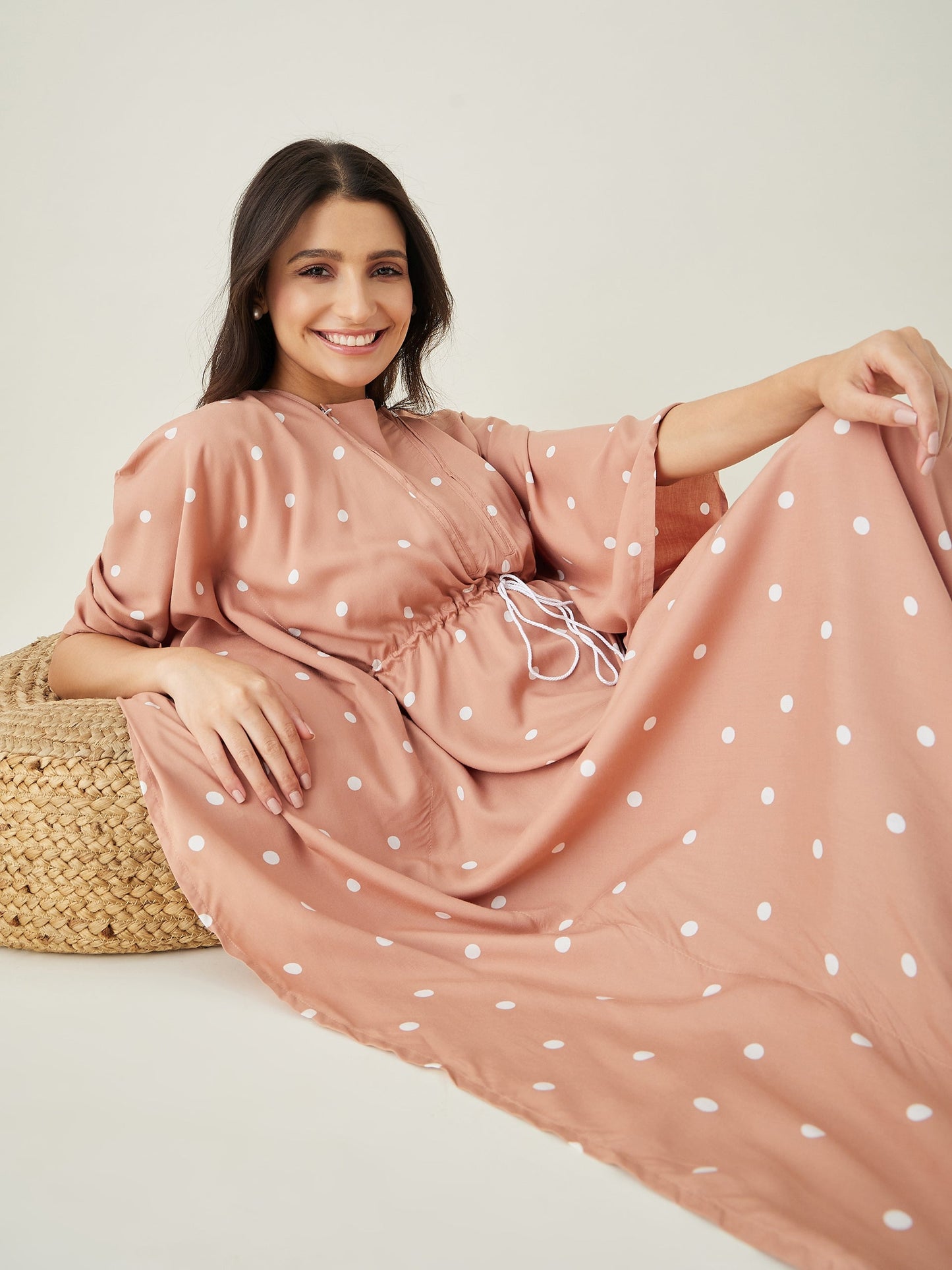 Women's Beige Dotted Delight Maternity Nursing Dress