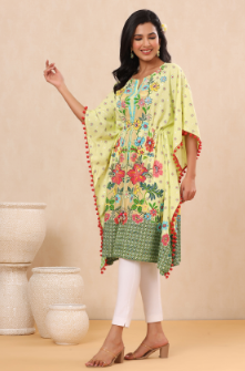 Women's Limeyellow Rayon Printed Straight Kaftan