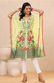 Women's Limeyellow Rayon Printed Straight Kaftan