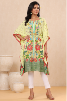 Women's Limeyellow Rayon Printed Straight Kaftan