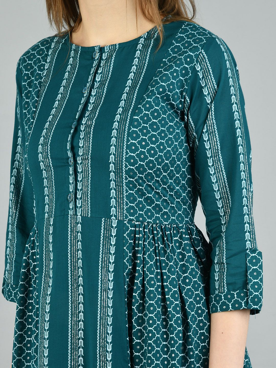 Women's Green Cotton Printed 3/4 Sleeve Round Neck Casual Dress