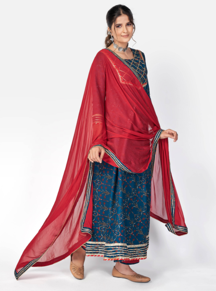 Women's Dark Blue Anarkali Cotton Kurta With Pant & Dupatta By Vbuyz (3