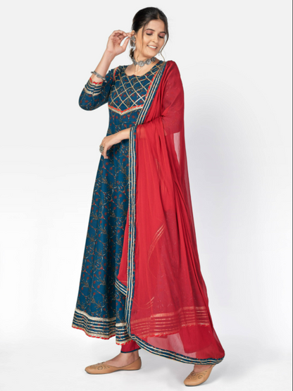 Women's Dark Blue Anarkali Cotton Kurta With Pant & Dupatta By Vbuyz (3