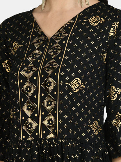 Women's Black Rayon Printed 3/4 Sleeve V Neck Casual Dress
