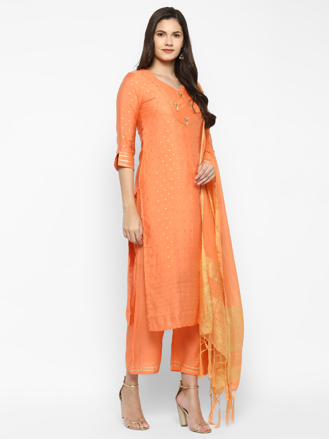 Women's Orange Color Chanderi Silk Embroidered Straight Kurta Palazzo With Dupatta