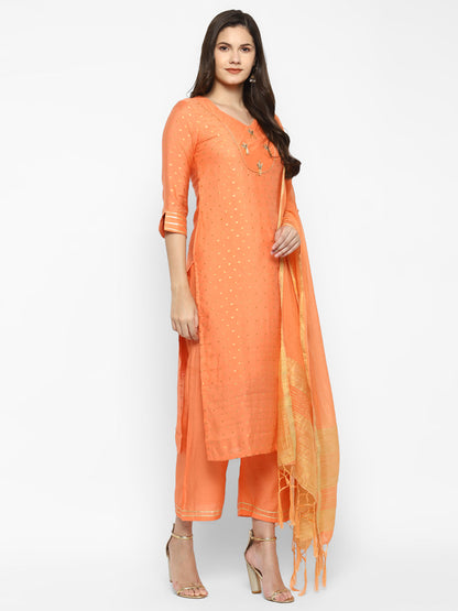 Women's Orange Color Chanderi Silk Embroidered Straight Kurta Palazzo With Dupatta