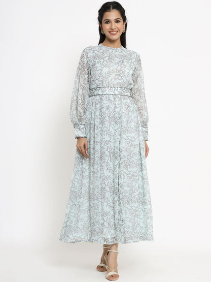 Women's Sagegreen Alphin Chiffon Flared Printed Dress With Tie-up Blet
