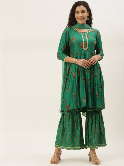 Women's Green Color Muslin Foil Printed Kurta Sharara With Dupatta