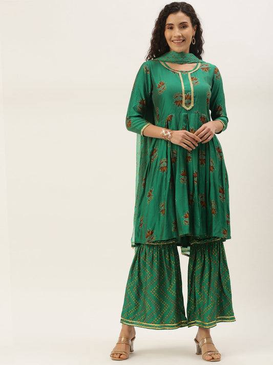Women's Green Color Muslin Foil Printed Kurta Sharara With Dupatta