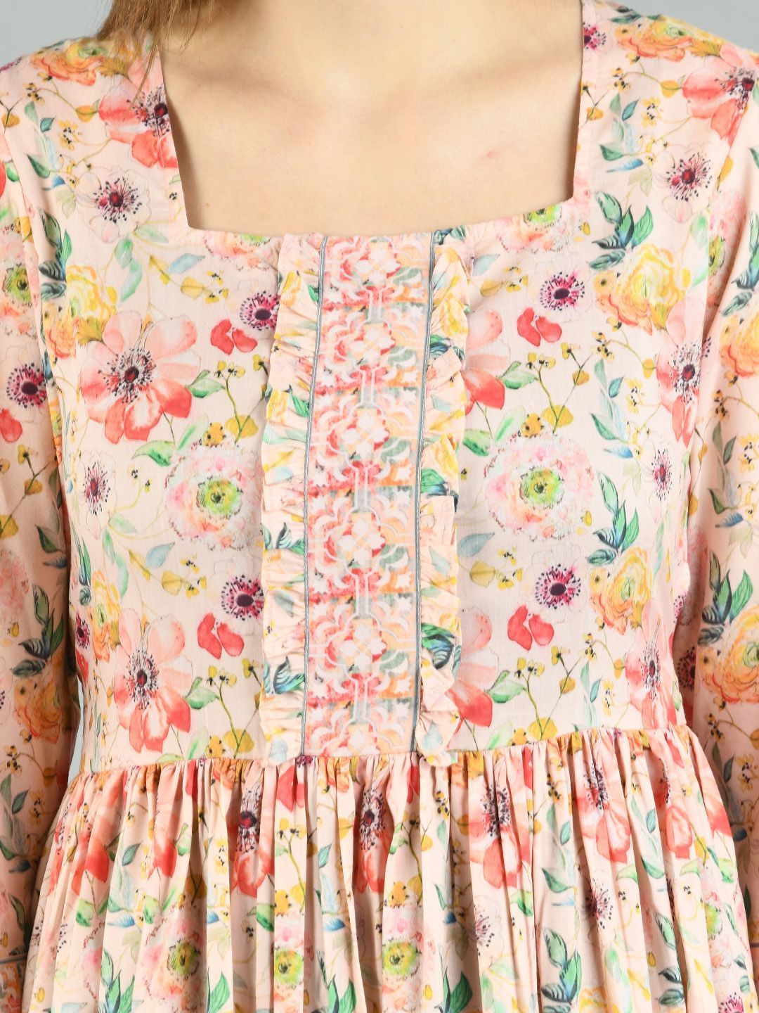 Women's Multi Cotton Printed 3/4 Sleeve Squre Casual Dress