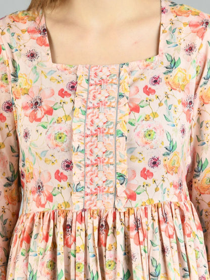Women's Multi Cotton Printed 3/4 Sleeve Squre Casual Dress