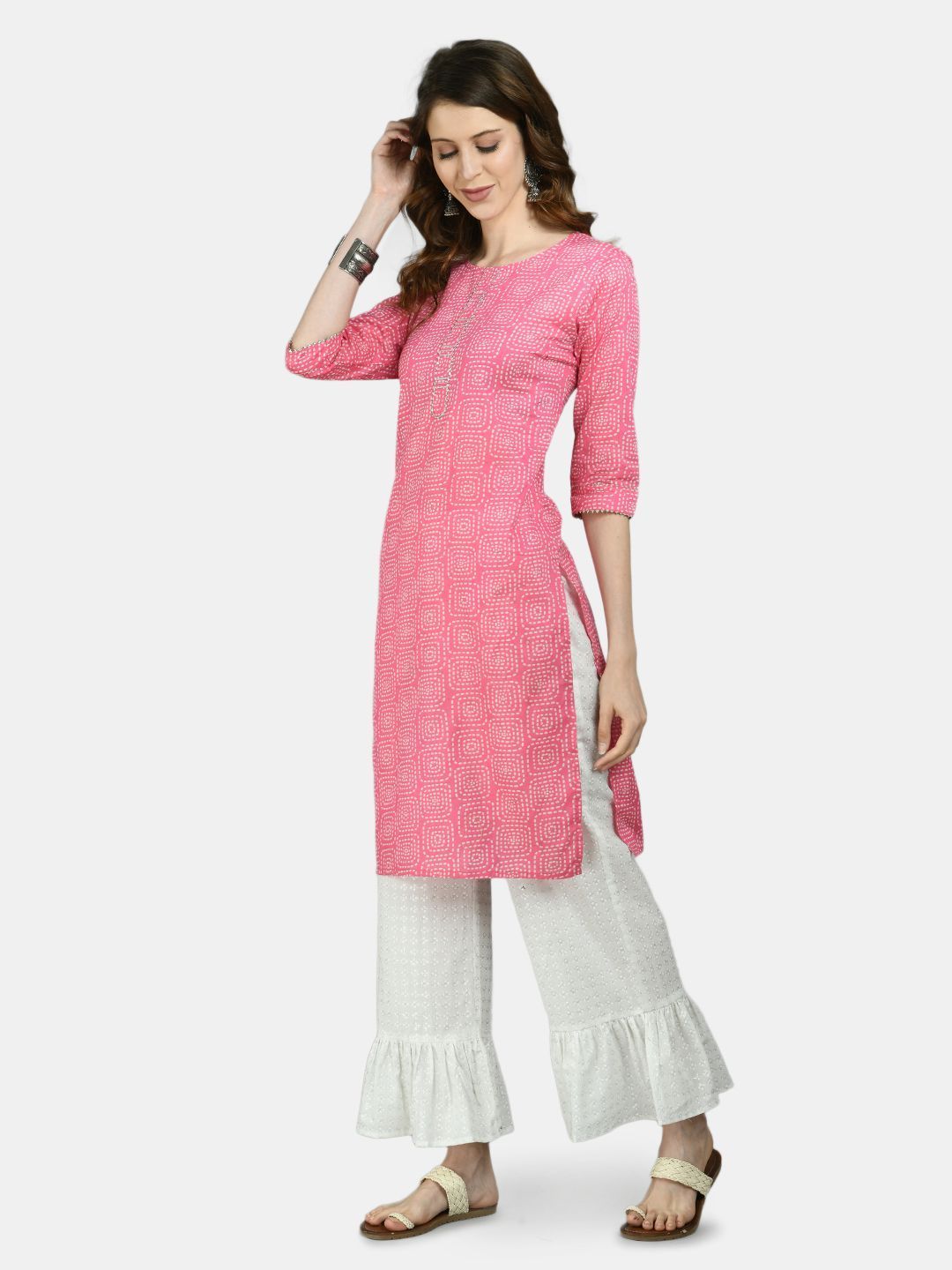 Women's Pink Cotton Printed 3/4 Sleeve Round Neck Casual Kurta Palazzo Set