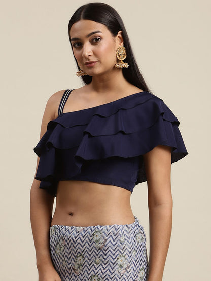 Women's Navy Blue Chiffon Digital Print Chevron Saree