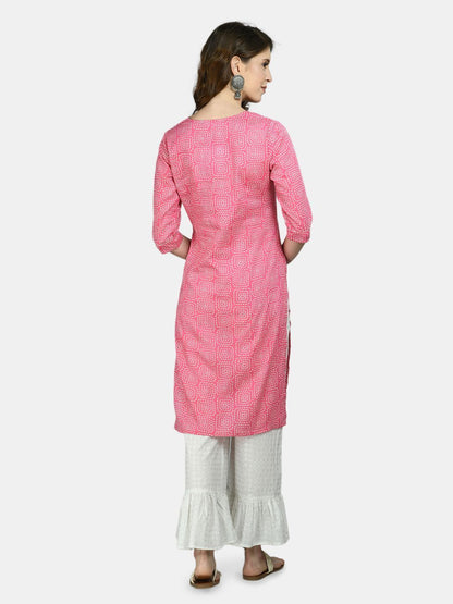 Women's Pink Cotton Printed 3/4 Sleeve Round Neck Casual Kurta Palazzo Set