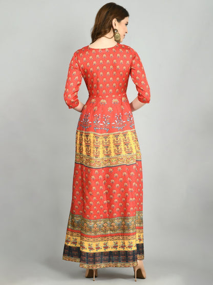 Women Red Cotton Printed Dress by Myshka (