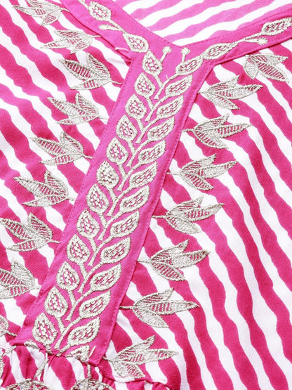 Women's Pink & White Striped A-Line Kurta