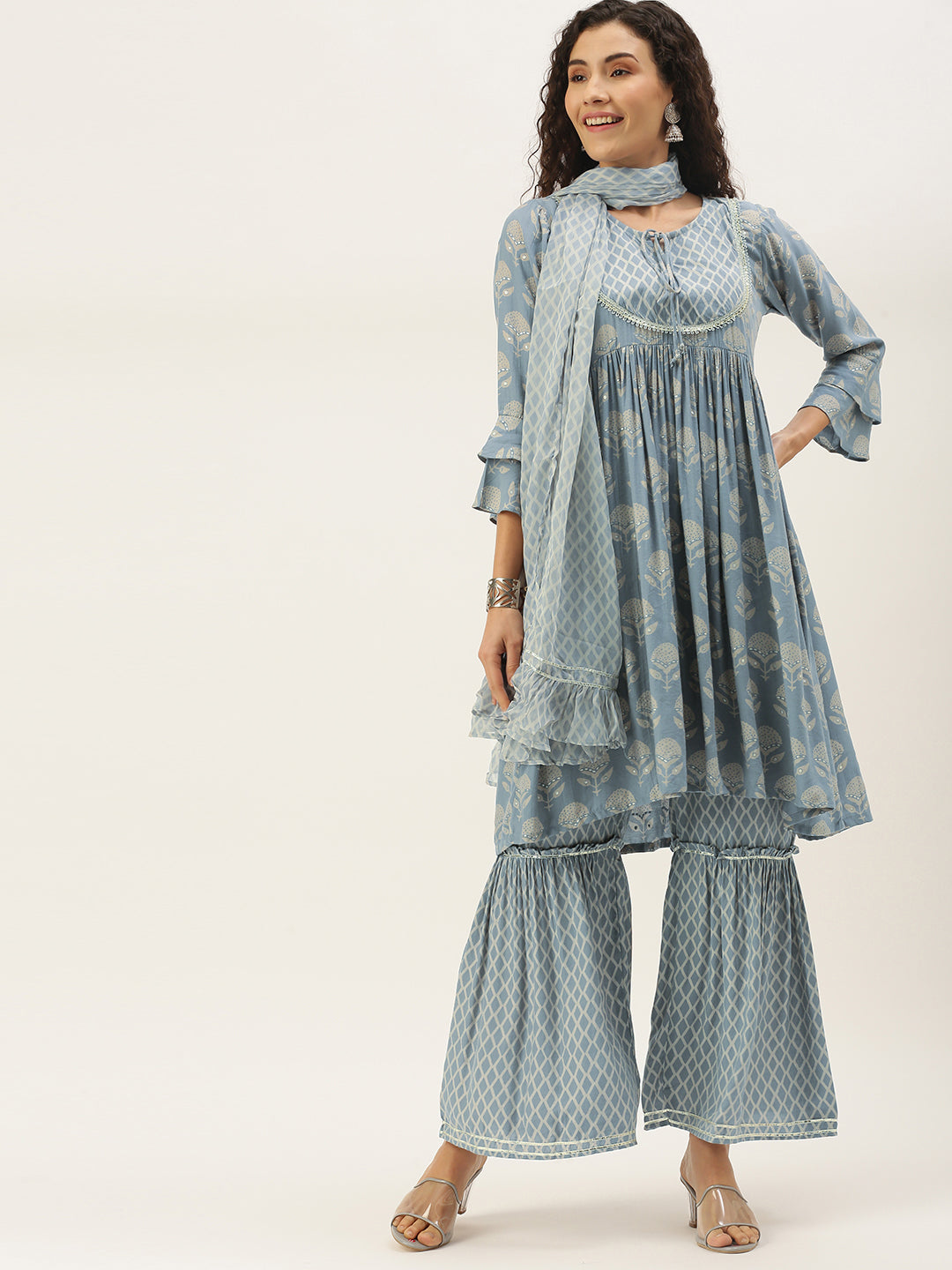 Women's Grey Color Muslin Foil Printed Kurta Sharara With Dupatta