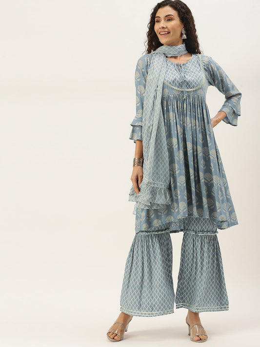 Women's Grey Color Muslin Foil Printed Kurta Sharara With Dupatta
