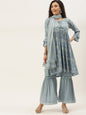 Women's Grey Color Muslin Foil Printed Kurta Sharara With Dupatta