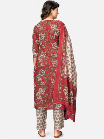 Women's Red Cotton Kurta With Pant & Dupatta By Vbuyz (3