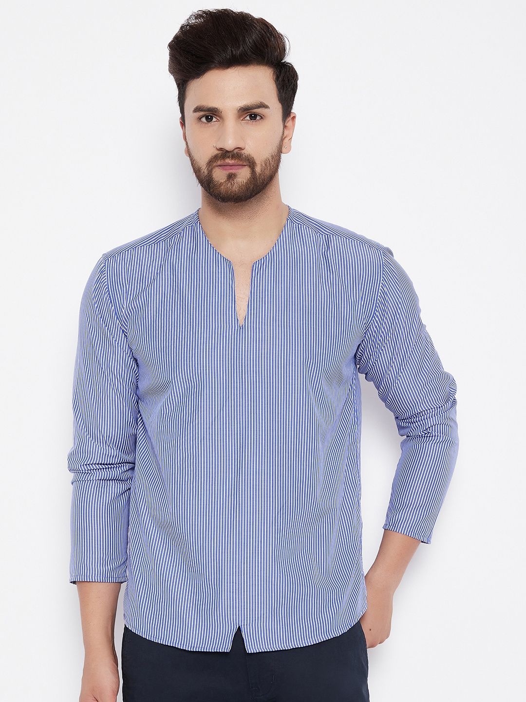 Men's  Blue Solid Cotton Kurta