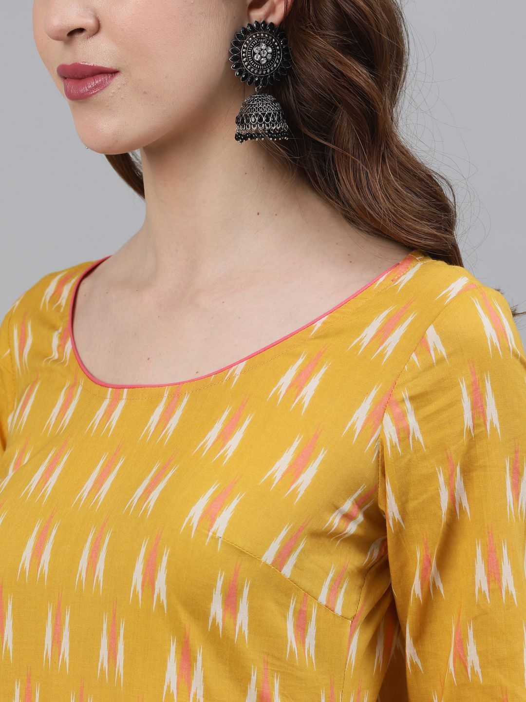 Women's Yellow & White Ikat Printed Layered Maxi With Lace details