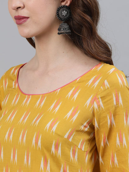 Women's Yellow & White Ikat Printed Layered Maxi With Lace details