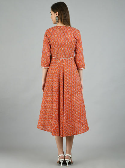 Women's Brown Cotton Printed 3/4 Sleeve Round Neck Casual Dress