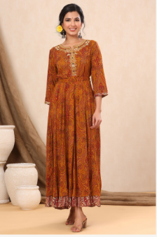 Women's Mustard Rayon Printed Flared Dress with Belt