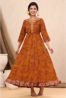 Women's Mustard Rayon Printed Flared Dress with Belt
