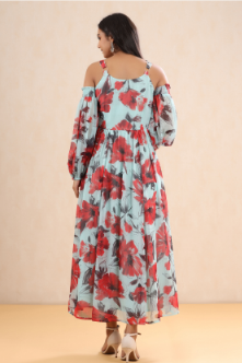 Women's Mint Chiffon Printed Flared Dress